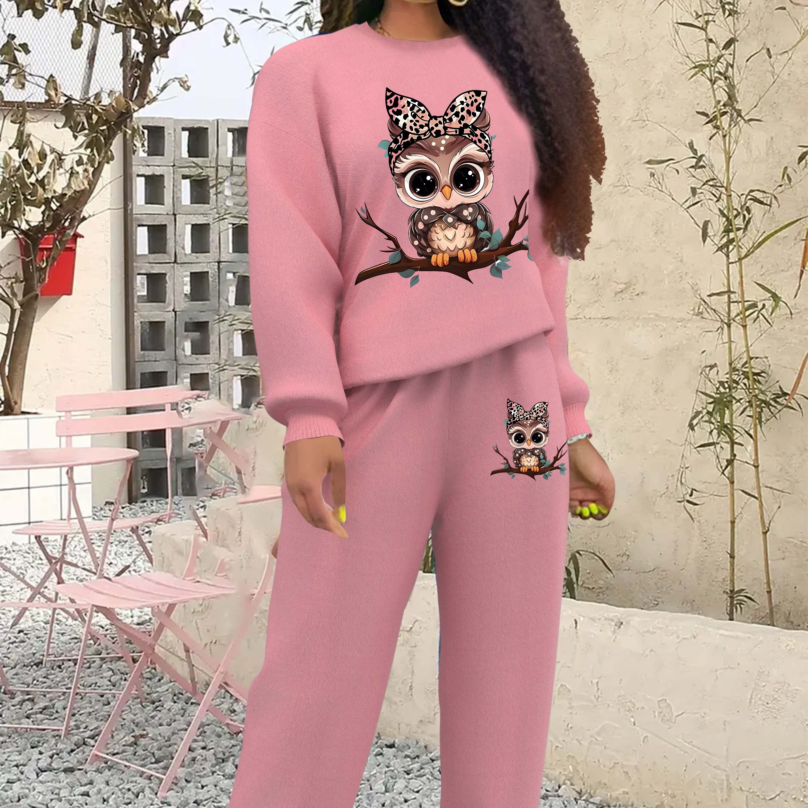 

Cartoon Owl Print 2 Piece Set, Crew Neck Sweatshirt & Pants, Women's Clothing