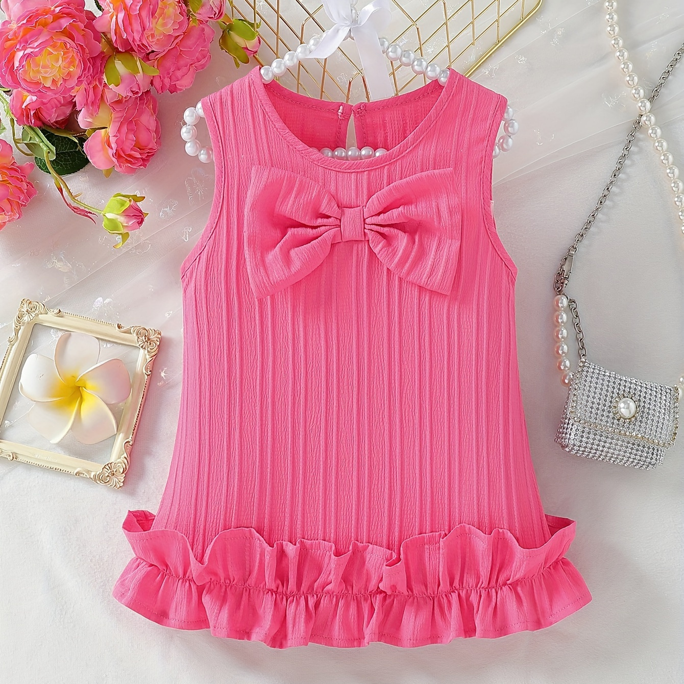 

Infant & Toddler's Bowknot Decor Solid Color Dress, Ruffle Trim Textured Sleeveless Dress, Baby Girl's Clothing For Summer/spring