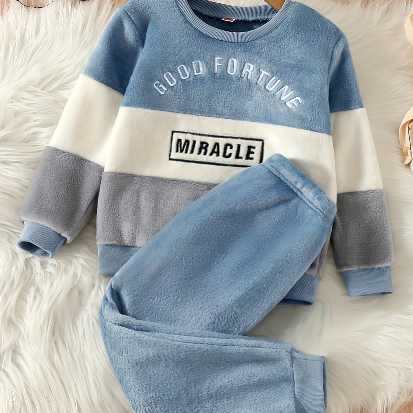 

2pcs Boy's "good Fortune Miracle" Embroidered Outfit, Fuzzy Fleece Sweatshirt & Pants Set, Casual Long Sleeve Top, Kid's Clothes For Spring Fall Winter, As Gift