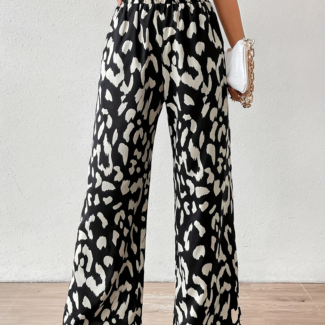 

Allover Print Wide Leg Pants, Elegant Elastic High Waist Pants For Spring & Summer, Women's Clothing