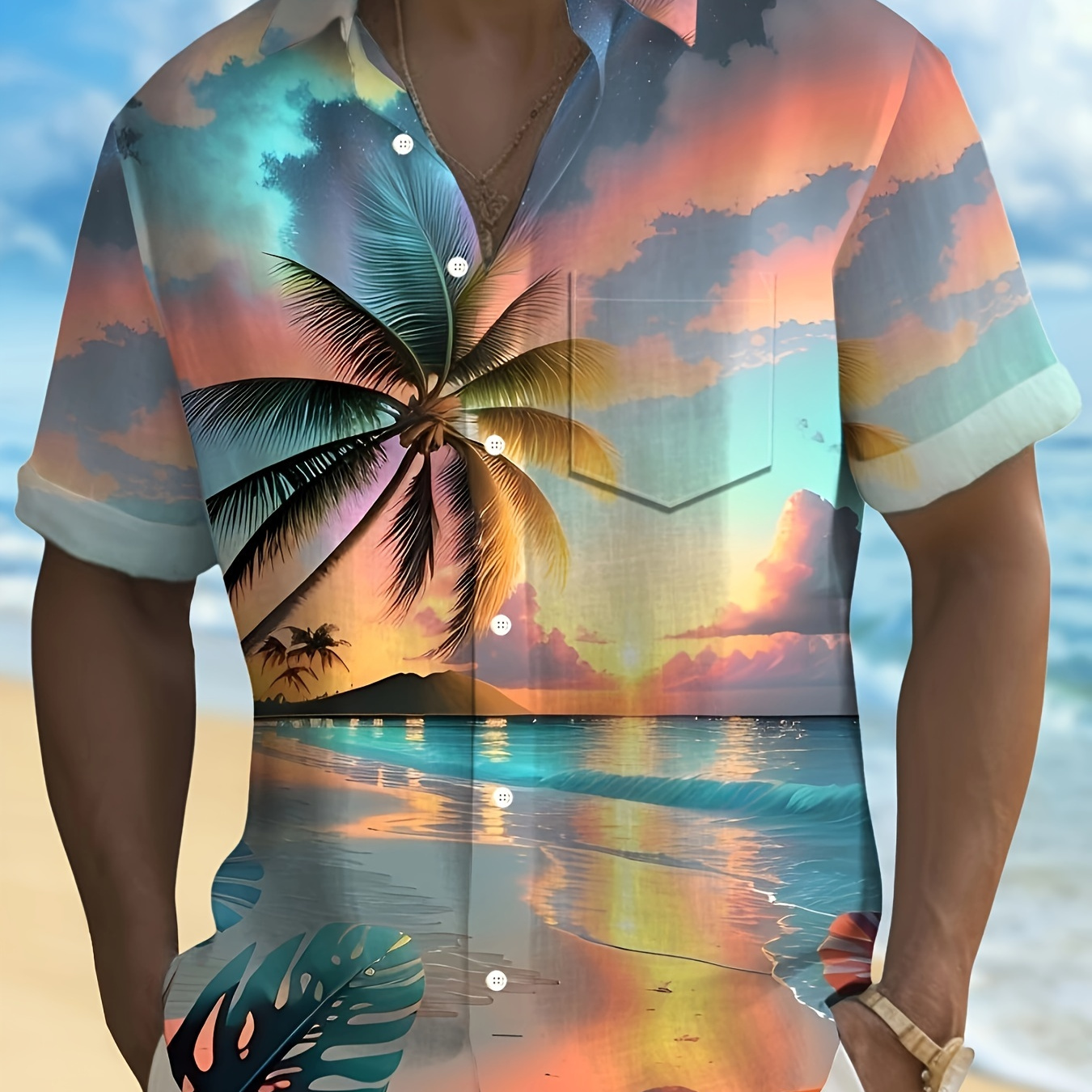 

Hawaiian Sunset Coconut Tree Beach 3d Print Men's Button Up Front Pocket Short Sleeve Shirt, Comfy & Breathable Top Men's Clothing For Spring Summer Holiday As Gifts