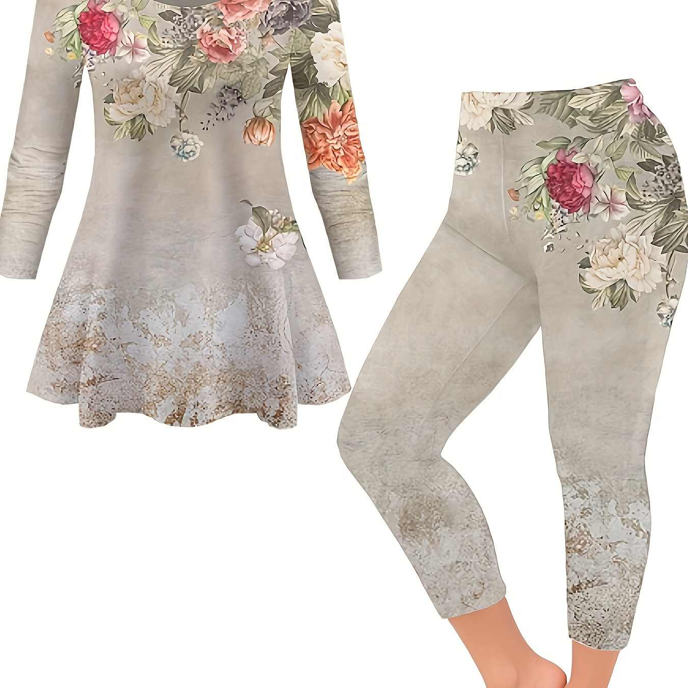 

Casual Floral Print Lounge Set, Long Sleeve Round Neck Top & Leggings, Women's Loungewear & Sleepwear - For Fall & Winter