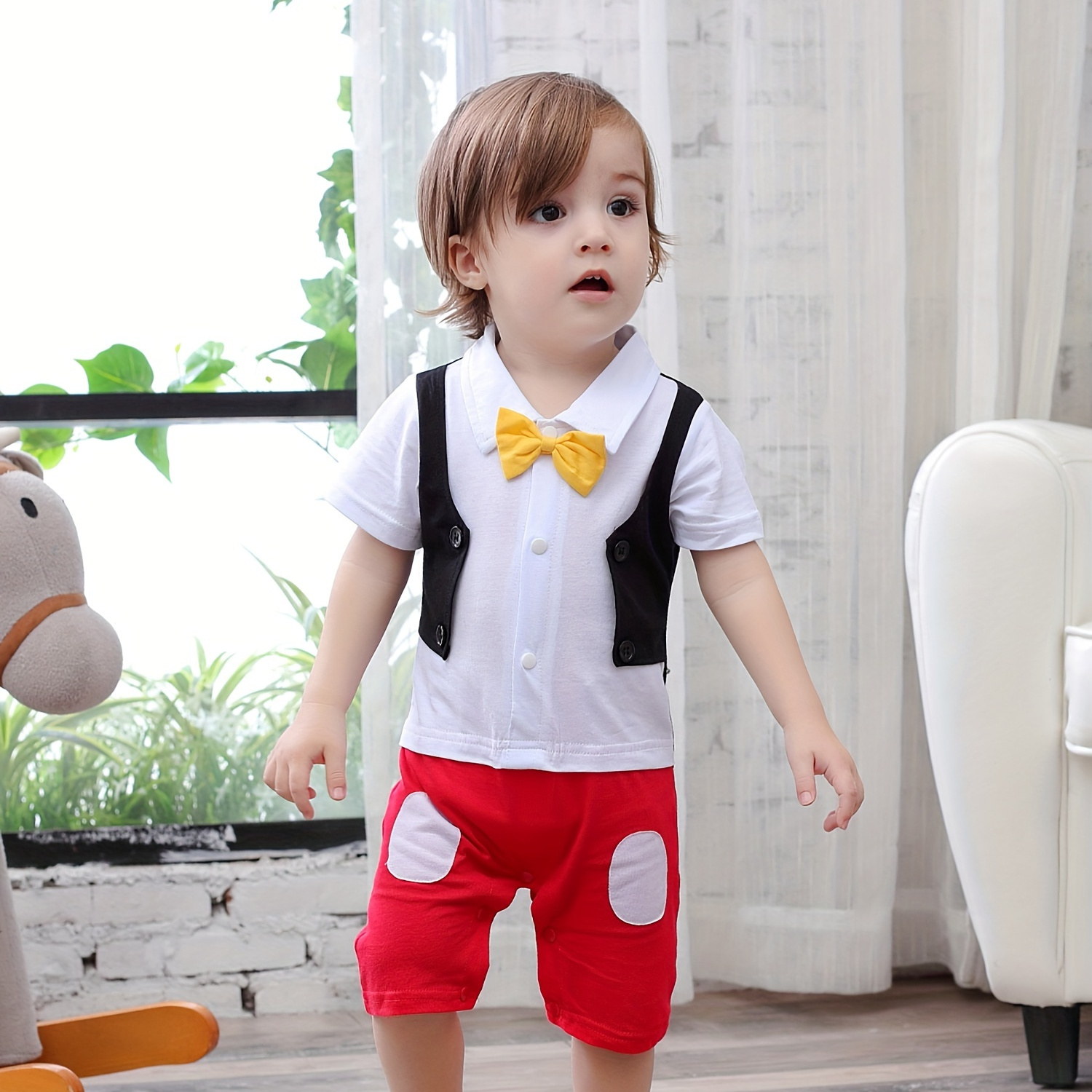 

Infant Boy's Short Sleeve Romper, Cute Yellow Bow Tie Onesie, Tailcoat Design, Festive Red And White Outfit For Toddler