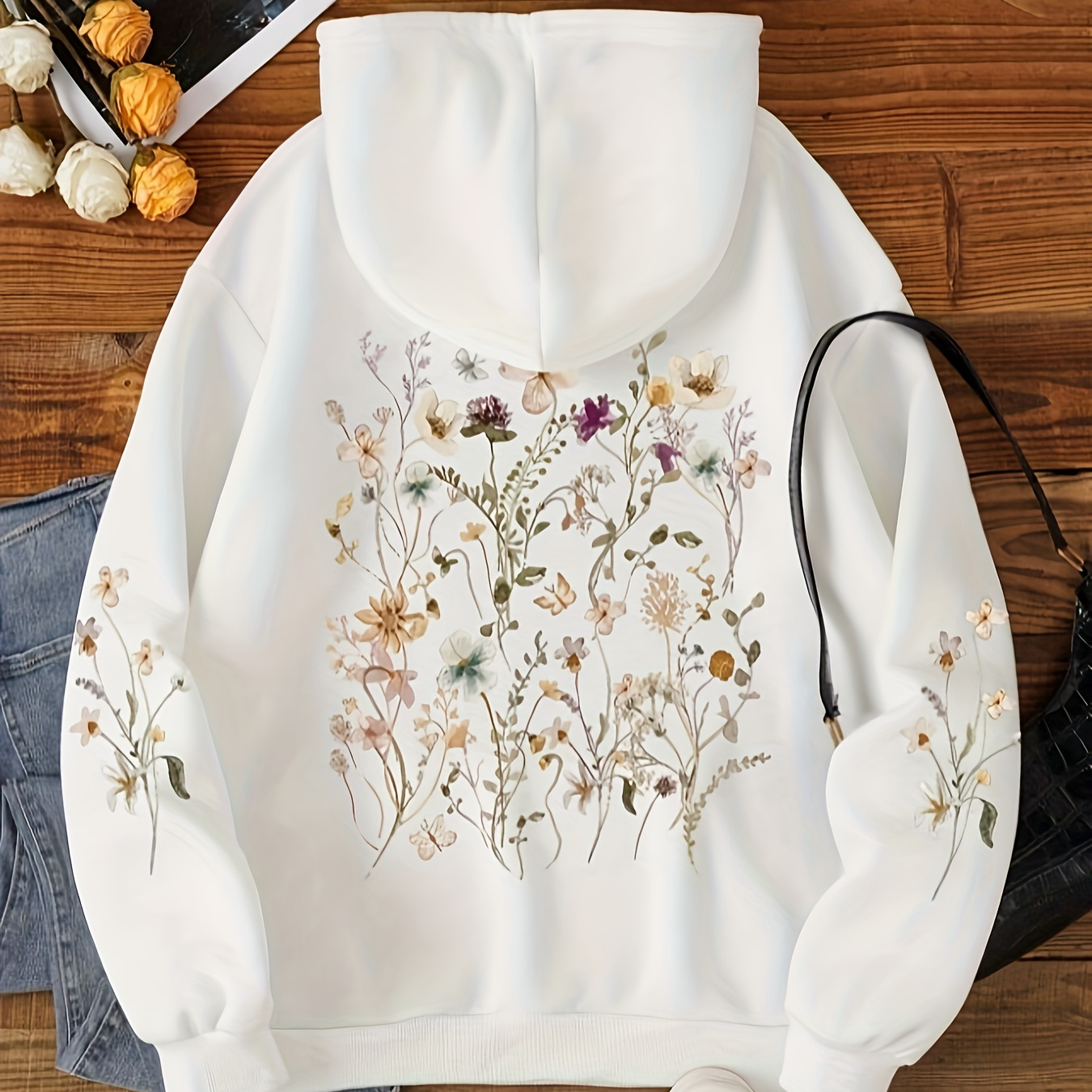 

Floral Print Hoodie, Drawstring Casual Hooded Sweatshirt For Winter & Fall, Women's Clothing