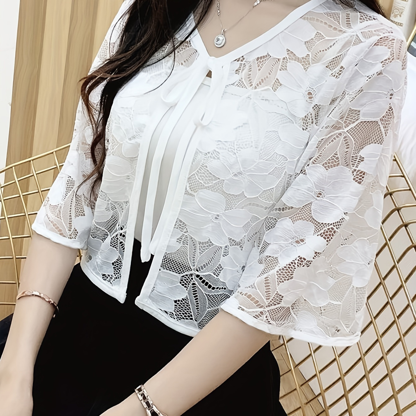 

Floral Print Tie Front Blouse, Elegant Half Flare Sleeve Loose Outwear For Spring & Summer, Women's Clothing