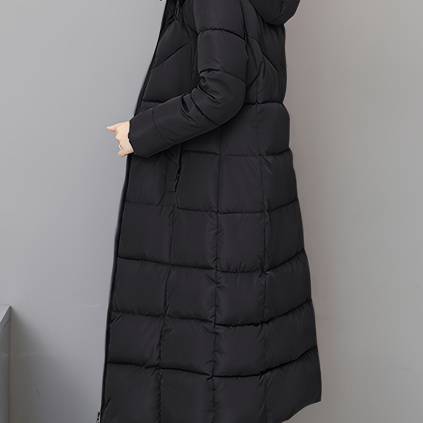 

Manteau long et élégant à capuche pour femme, % polyester, couleur unie, tissu non extensible, manches longues , avec fermeture éclair, pour les vêtements d'extérieur d'hiver.