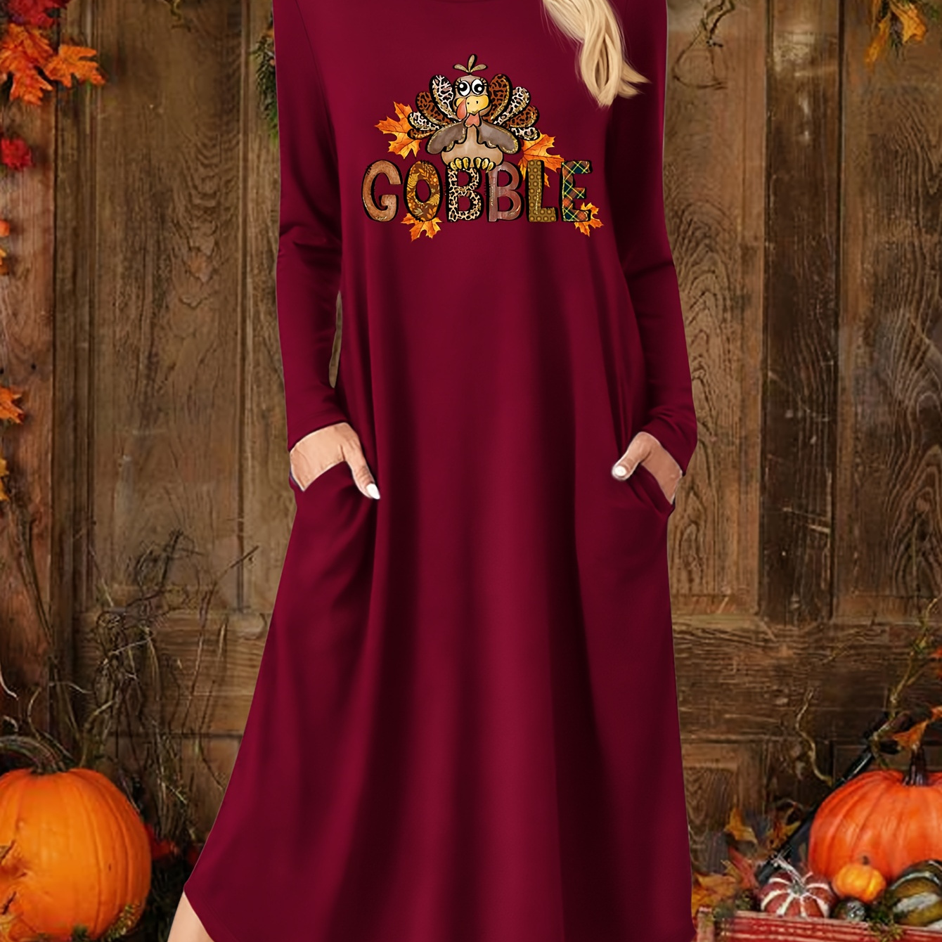 

Thanksgiving Turkey Print Long Sleeve Midi Dress With Pockets, Casual Crew Neck A-line Swing Dress - Knit Fabric Polyester 95%, Spandex 5% For Fall/winter