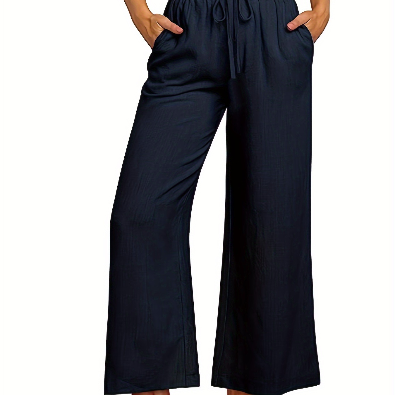 Women's Casual Loose High Waist Linen Pants, Drawstring Wide Leg Trousers  With Pockets