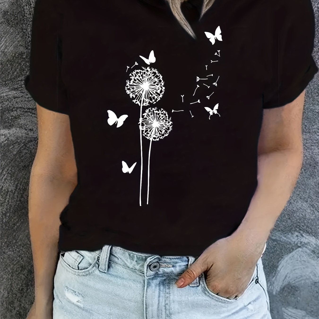 

Dandelion Print T-shirt, Short Sleeve Crew Neck Casual Top For Summer & Spring, Women's Clothing