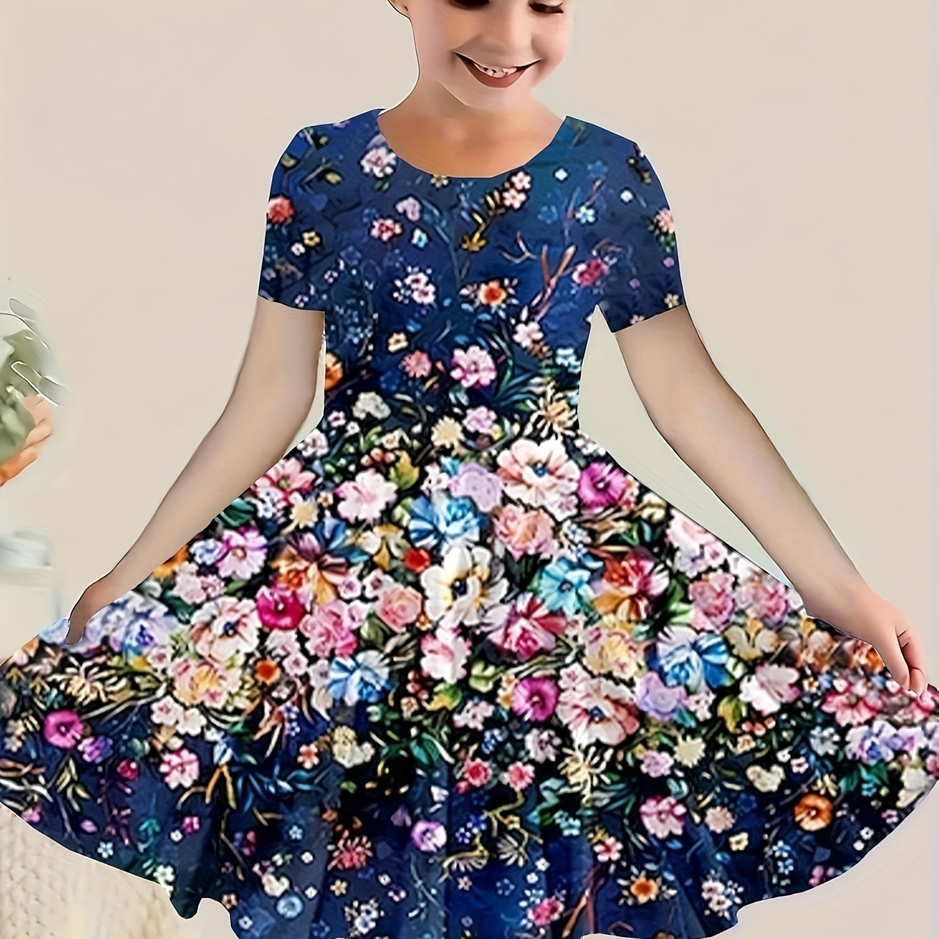 

Girls Dreamy 3d Flower Print Crew Neck Short Sleeve Dress For Summer