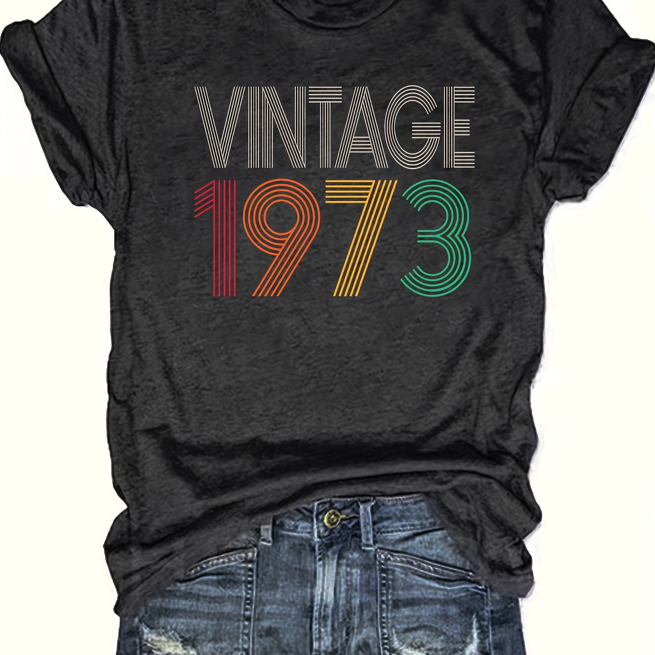 

Vintage 1973 Print T-shirt, Casual Crew Neck Short Sleeve Daily Top, Women's Clothing