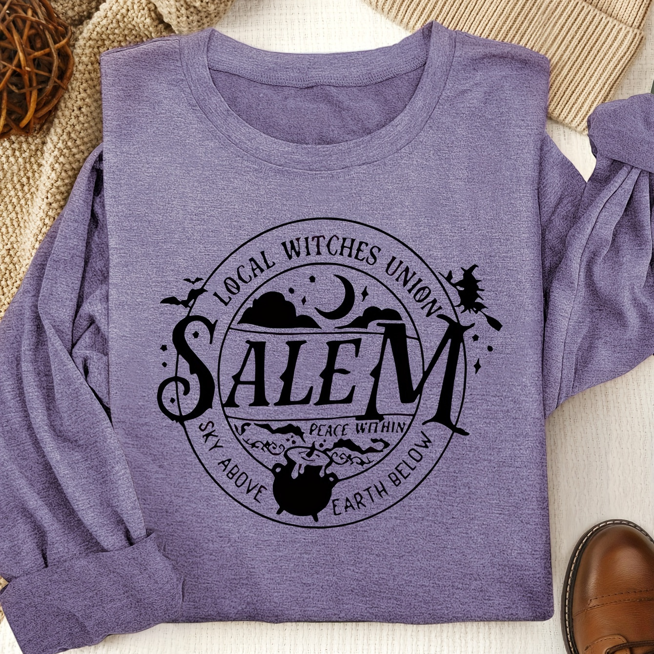 

Salem Union Graphic Long Sleeve T-shirt - Vintage Neck Tee , , And Bat Halloween Print For Women - Medium Stretch Knit Fabric For Spring/summer/fall