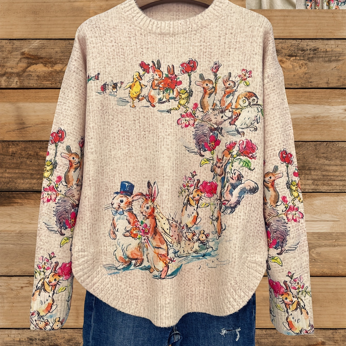 

Women's Casual Crew Neck Long Sleeve Knit Sweater, Polyester & Spandex , Regular Fit, With Rabbit Print, Flared Hem, For Fall/winter Collection, Classic Sweater For Ladies