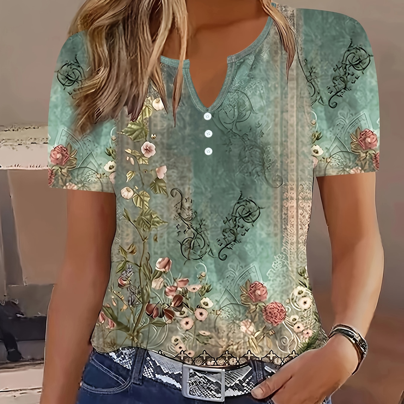 

Floral Print Button Decor T-shirt, Casual Notched Neck Short Sleeve Top For Spring & Summer, Women's Clothing