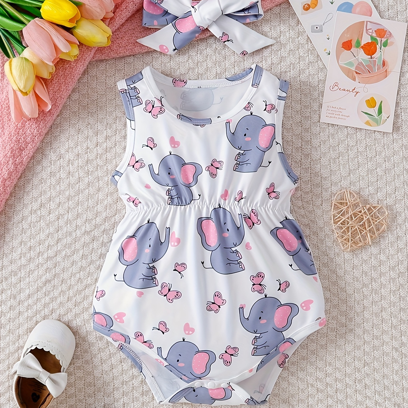 

Baby's Cartoon Lovely Elephant Full Print Bodysuit & Headband, Casual Sleeveless Triangle Onesie, Toddler & Infant Girl's Clothing