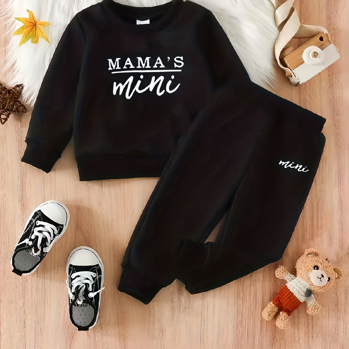 

Baby Cute Mama's Mini Print 2pcs Outfit - Kids Casual Sweatshirt Pullover Top Trousers Set For Fall Winter