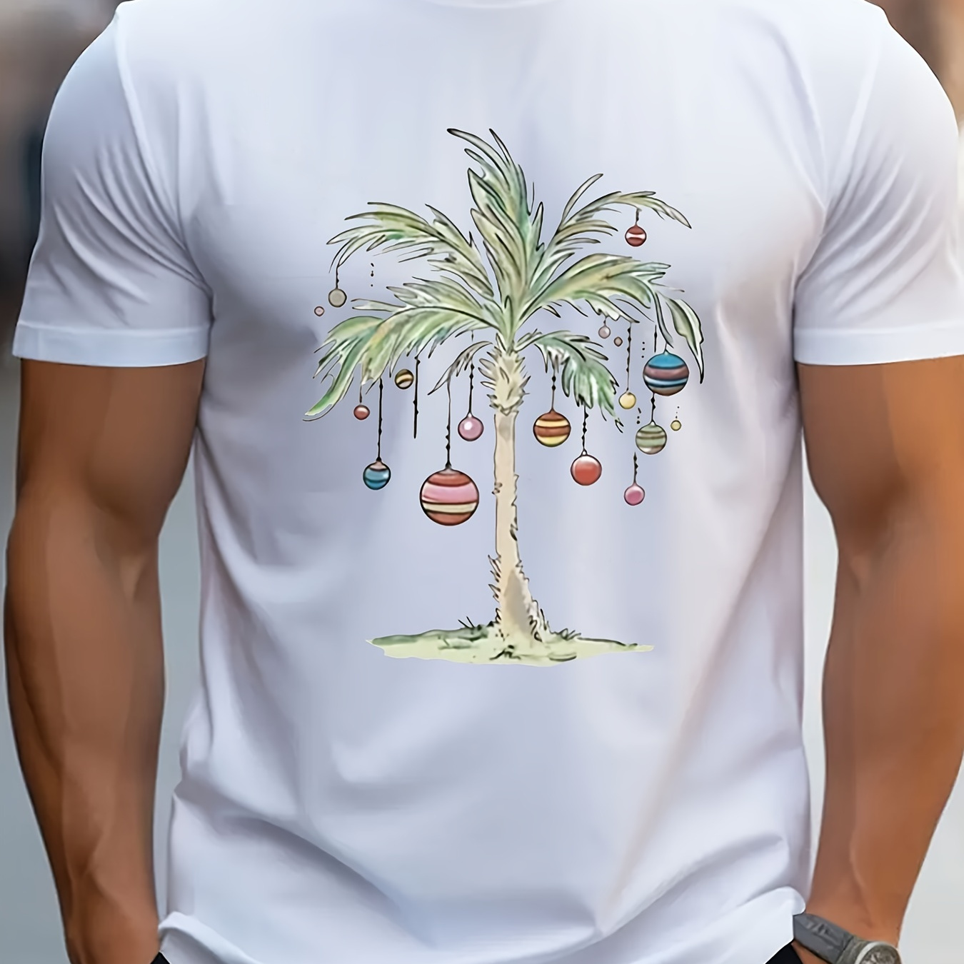 

Men's Artistic "christmas Palm Tree" Design T-shirt Casual Round Neck Short Sleeve Cotton Casual Wear, 220g