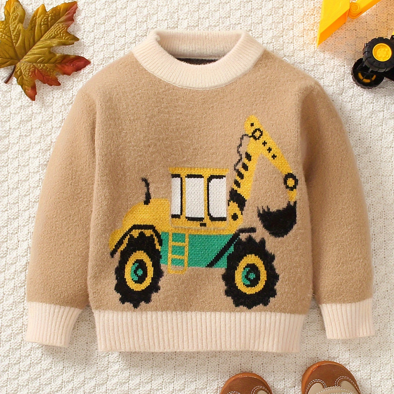 

Kid's Yellow Excavator Jacquard Sweater, Cable Knit Pullover, Casual Long Sleeve Top, Boy's Clothes For Fall Winter, As Gift