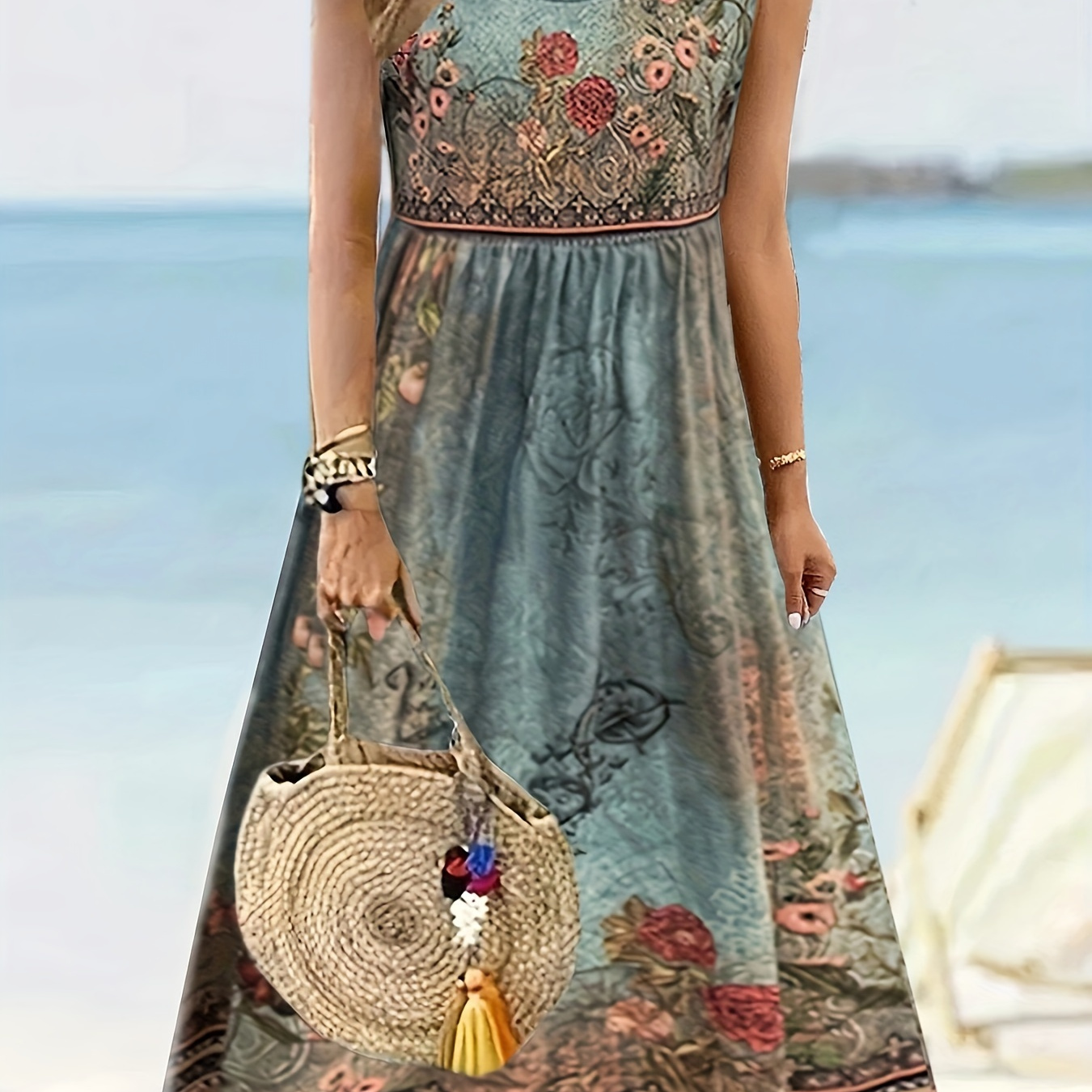 

Floral Print Dress, Elegant Sleeveless Crew Neck Midi Dress For Summer & Spring, Women's Clothing