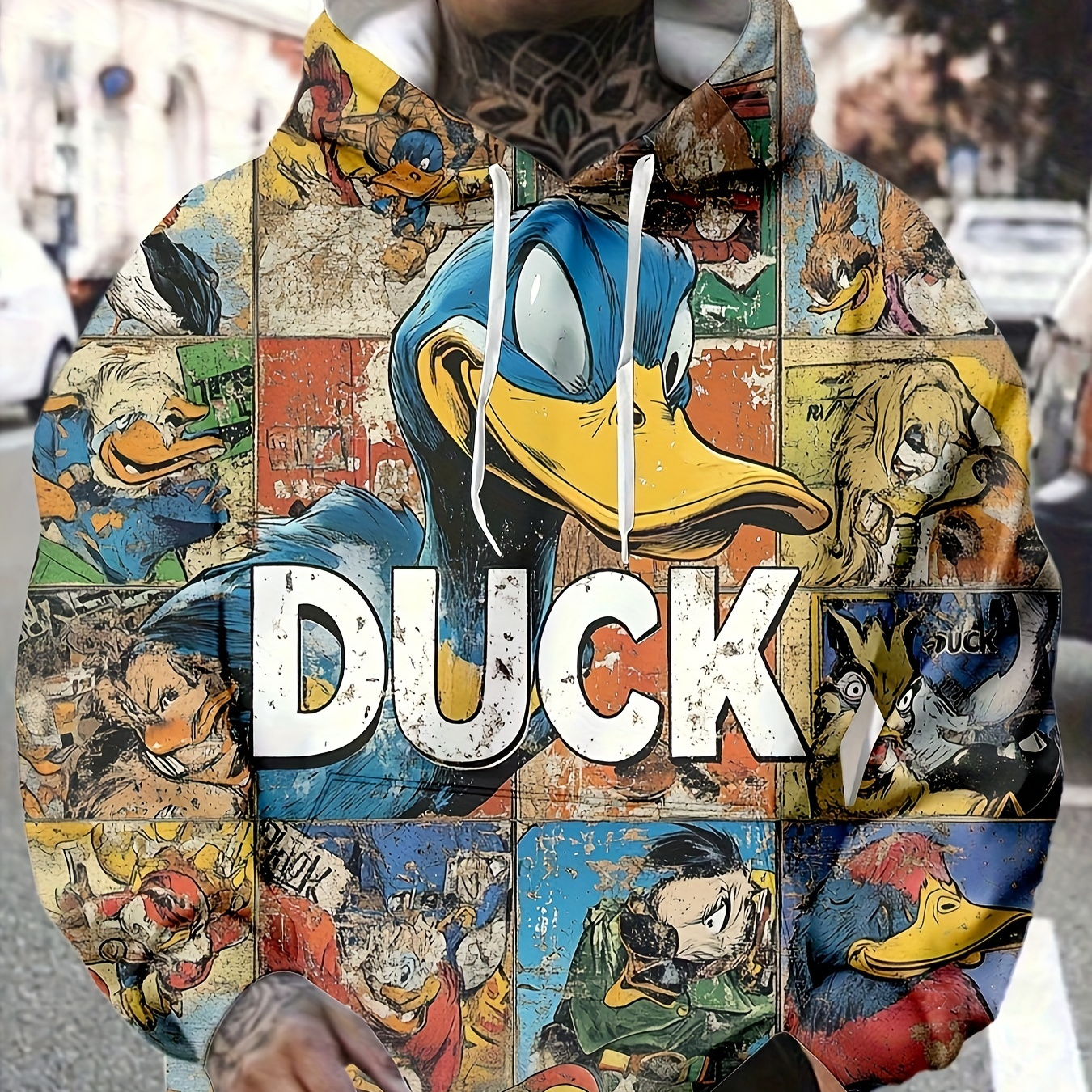 

Vintage Cartoon Duck Graphic Print Hoodie - 100% Polyester Knit Fabric, Long Sleeve Hooded Sweatshirt With Slight Stretch, Regular Fit, Unisex Style