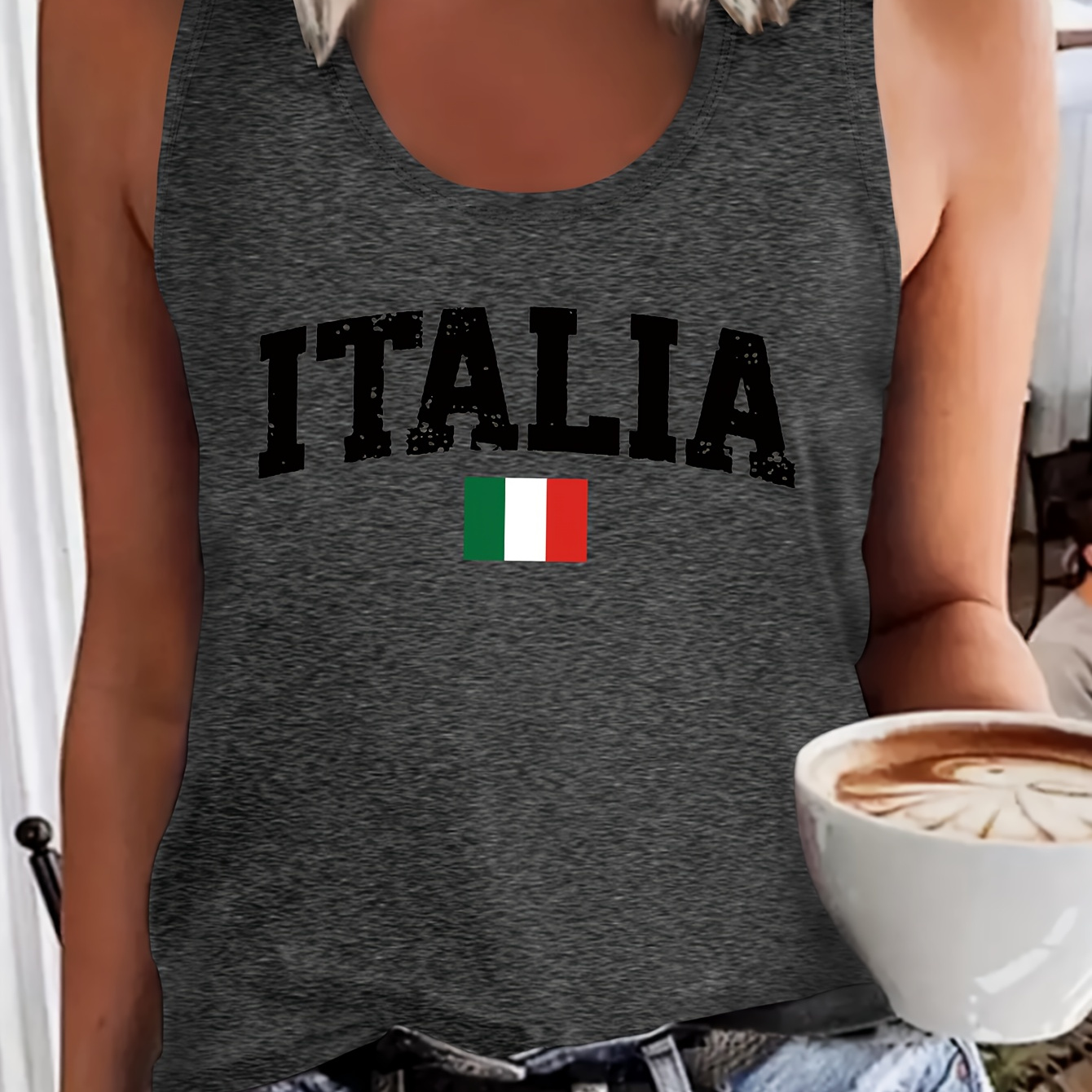 

Italia Flag & Letter Print Tank Top, Sleeveless Crew Neck Casual Top For Summer & Spring, Women's Clothing