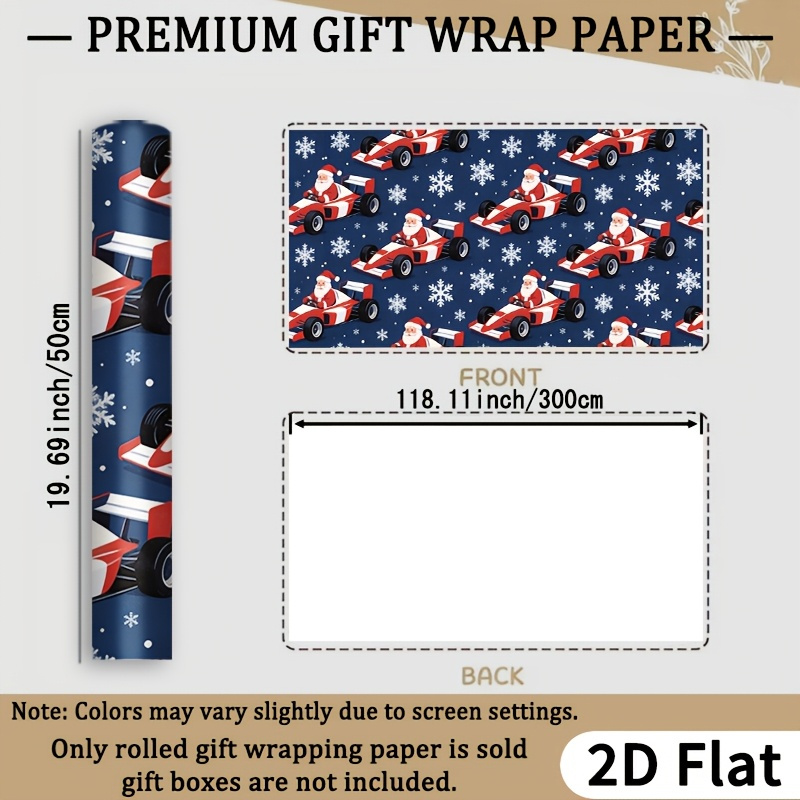 TEMU 1 Roll 2d Flat Santa Claus Racing Theme Wrapping Paper Gift Glossy Paper - Dark With Santa Driving Red And White Race Car, Decorated With White