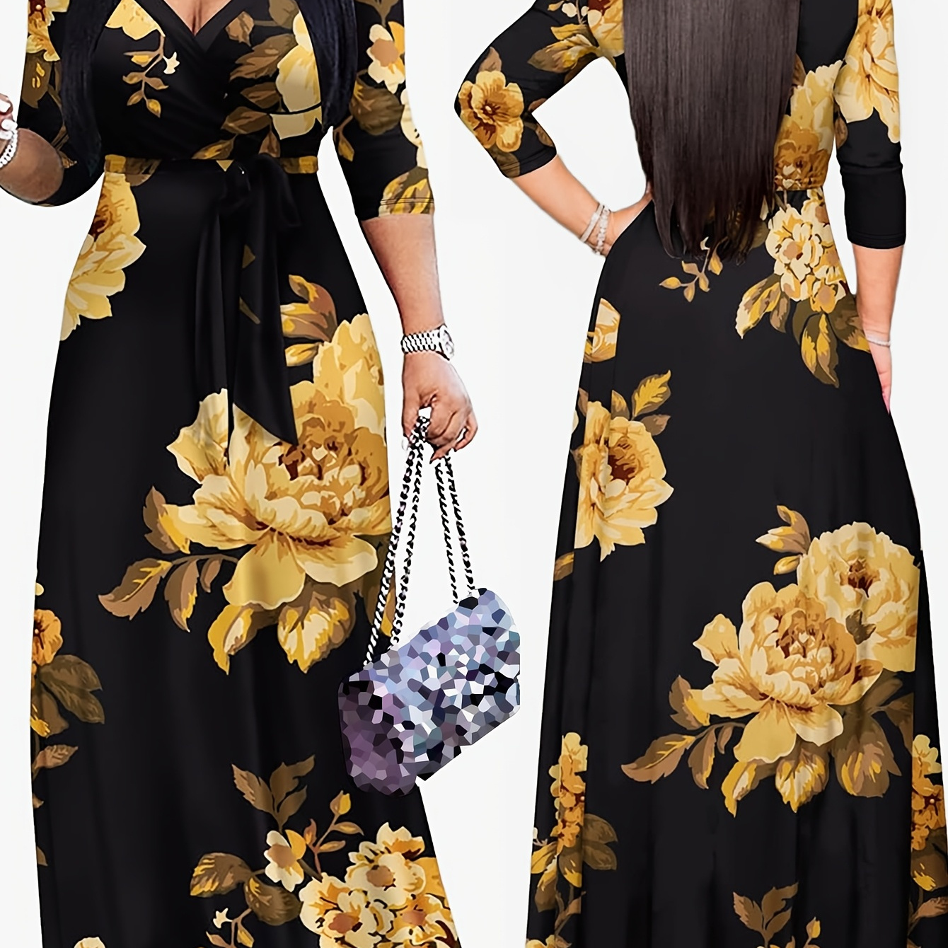 

Floral Print V Neck A-line Dress, Casual 3/4 Sleeve Maxi Dress For Spring & Fall, Women's Clothing