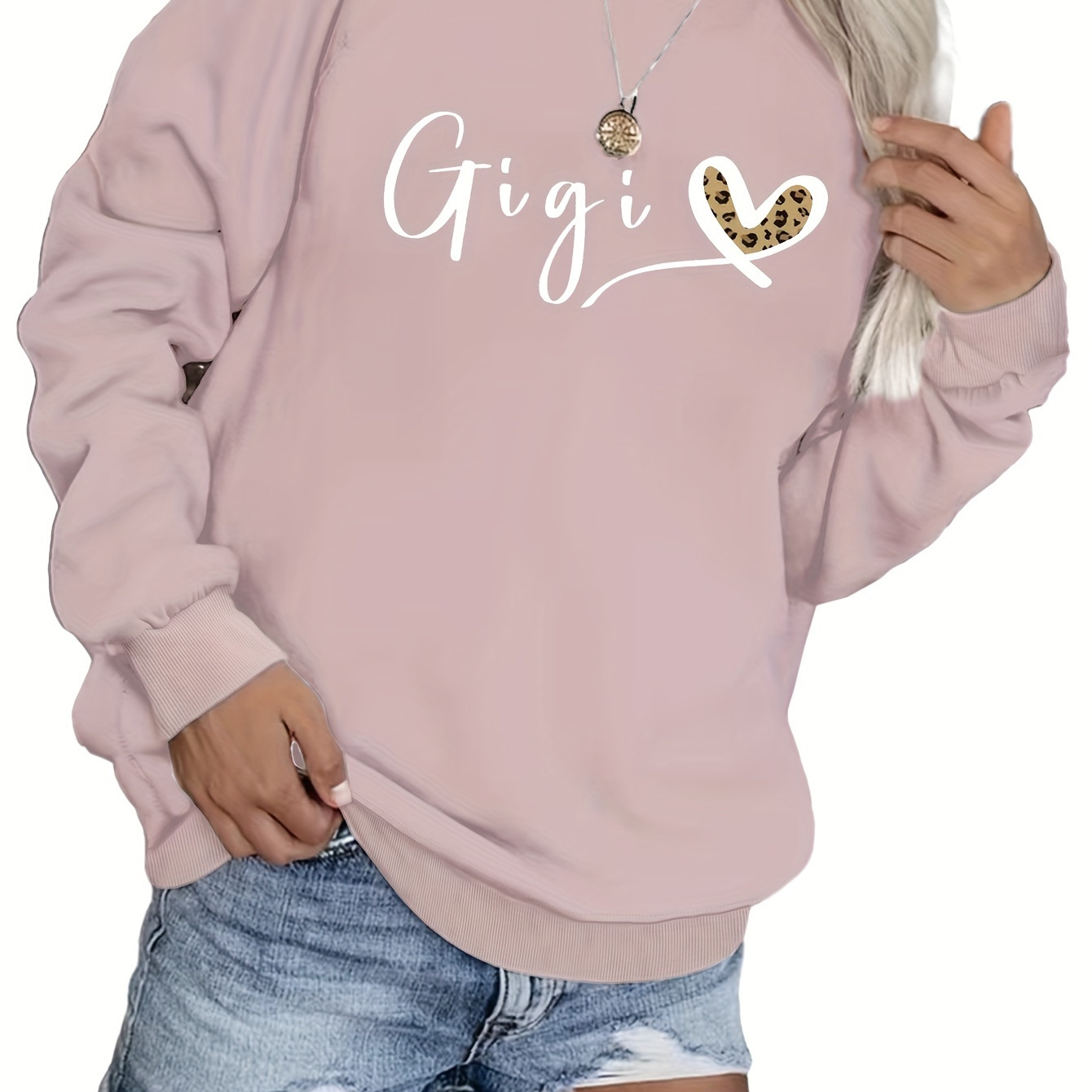 

Plus Size Casual Sweatshirt, Women's Plus Leopard Heart & Letter Print Long Sleeve Crew Neck Slight Stretch Pullover Sweatshirt, Casual Tops For Fall & Winter, Plus Size Women's Clothing