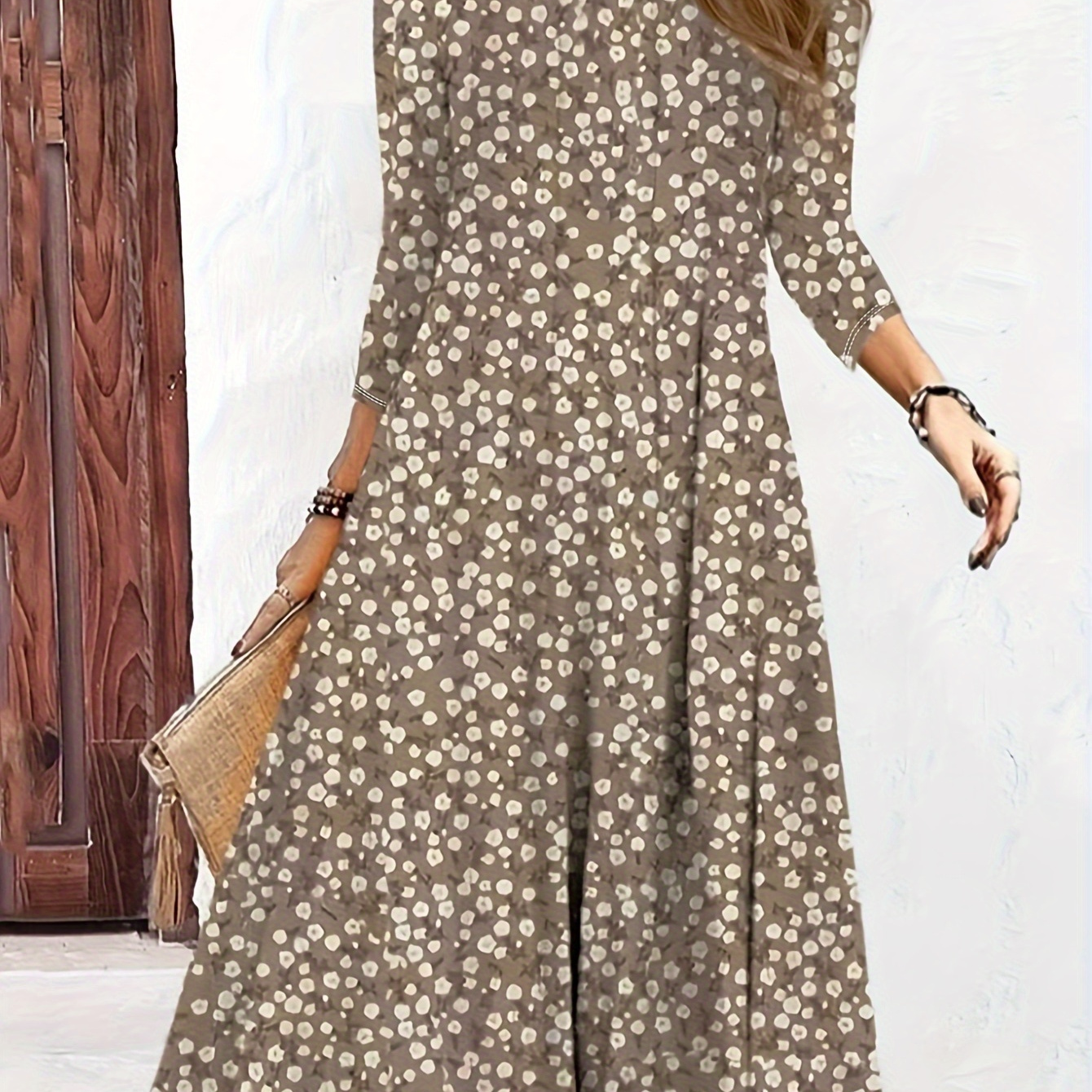 

Floral Neck A-line Dress, Elegant Long Sleeve A-line Midi Dress For Spring & Fall, Women's Clothing