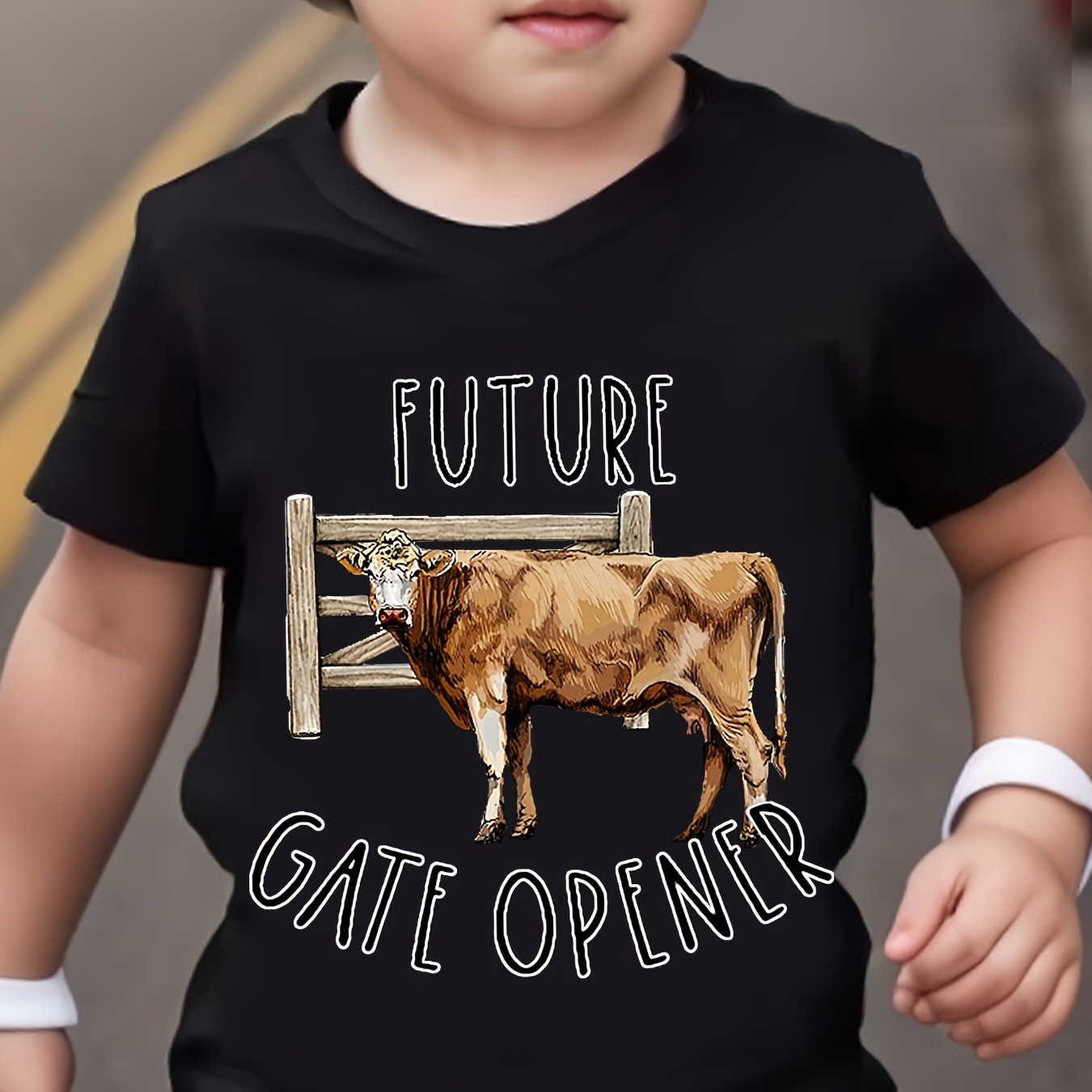 

Future&gate Opener Letter And Cow Print Boys Creative T-shirt, Casual Lightweight Comfy Short Sleeve Tee Tops, Kids Clothings For Summer