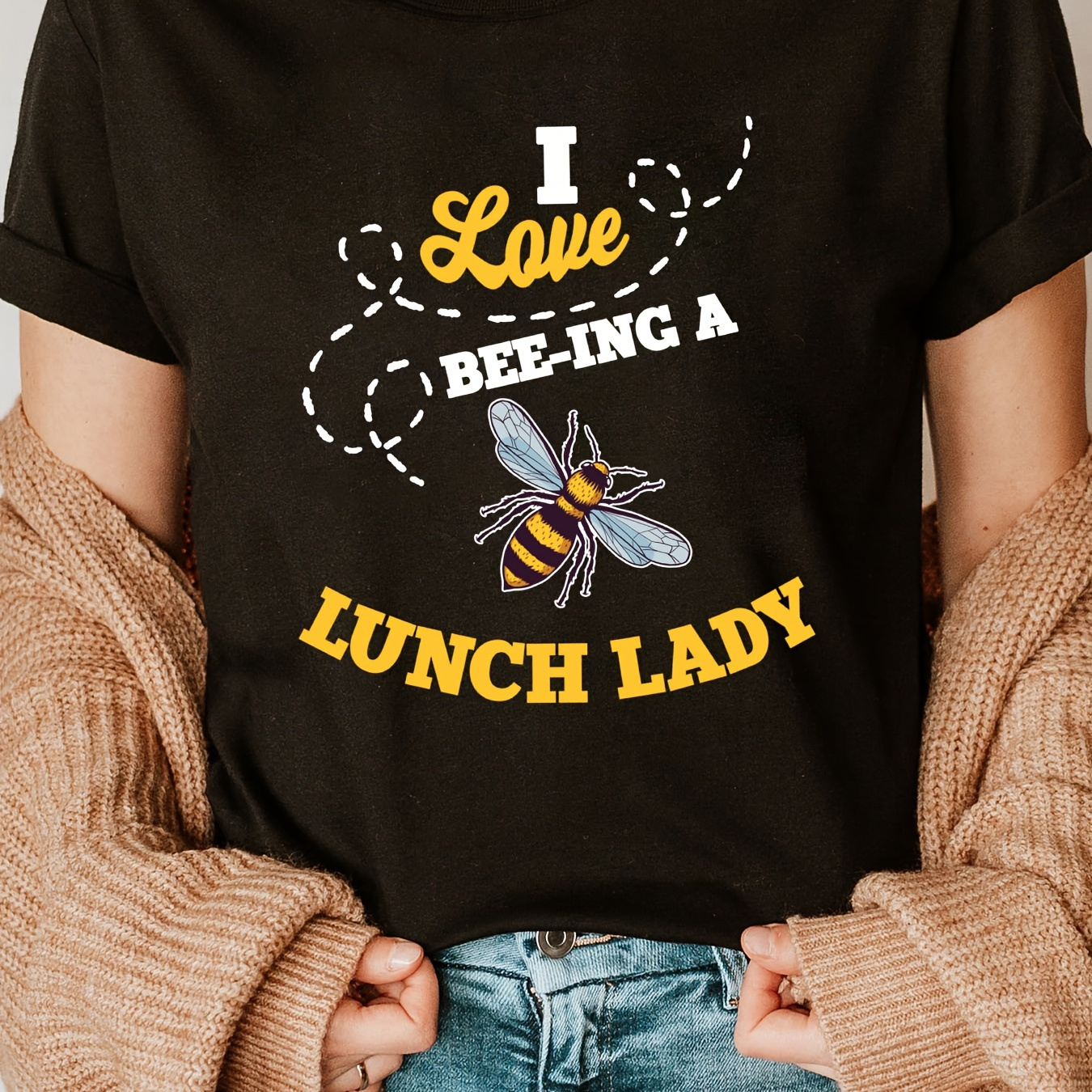 

Bee Print Crew Neck T-shirt, Short Sleeve Casual Top For Summer & Spring, Women's Clothing