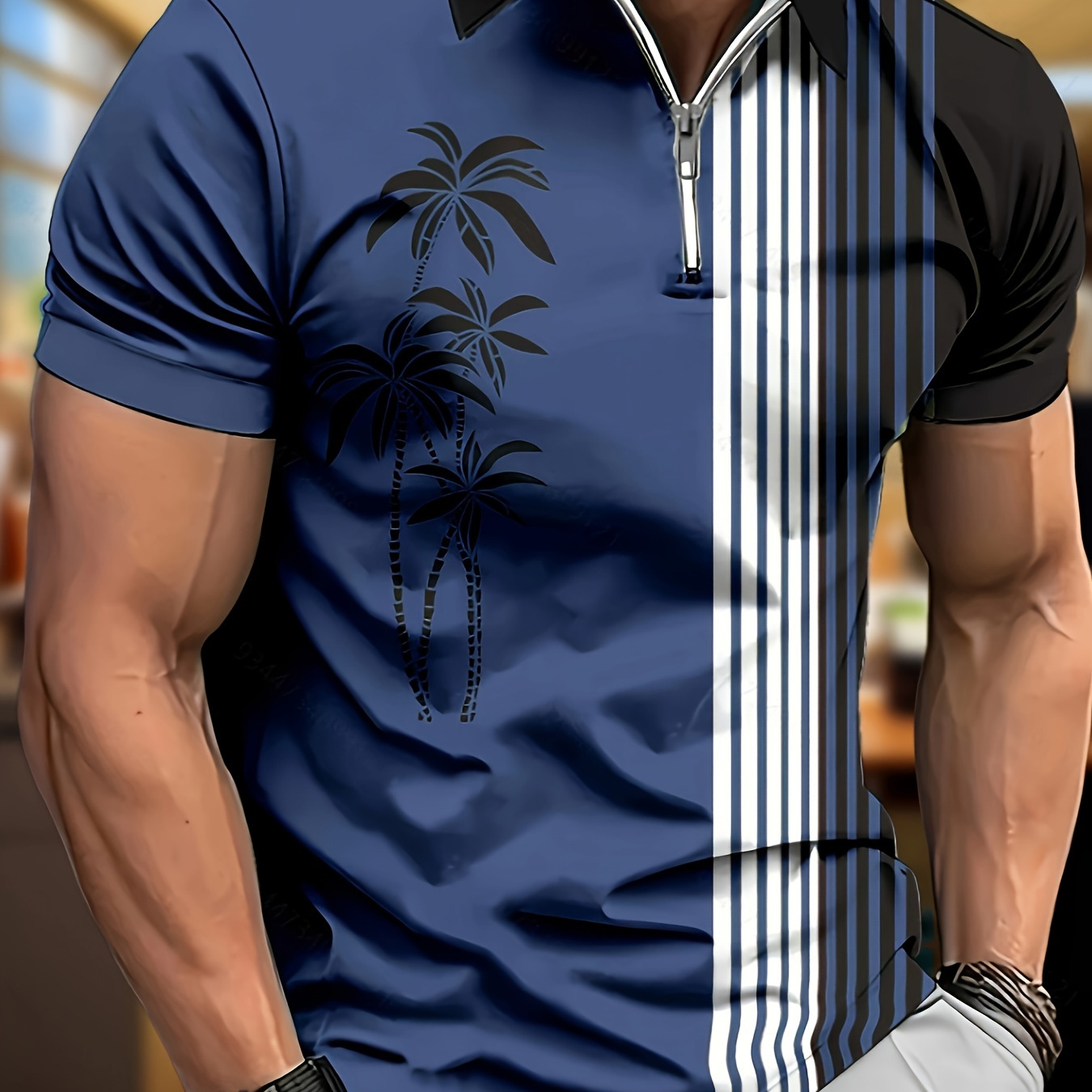 

Men's Trendy Coconut Tree & Stripe Print Short Sleeve Zip Up Lapel Shirt For Summer Daily, Stylish Zipper Collar Design T-shirt