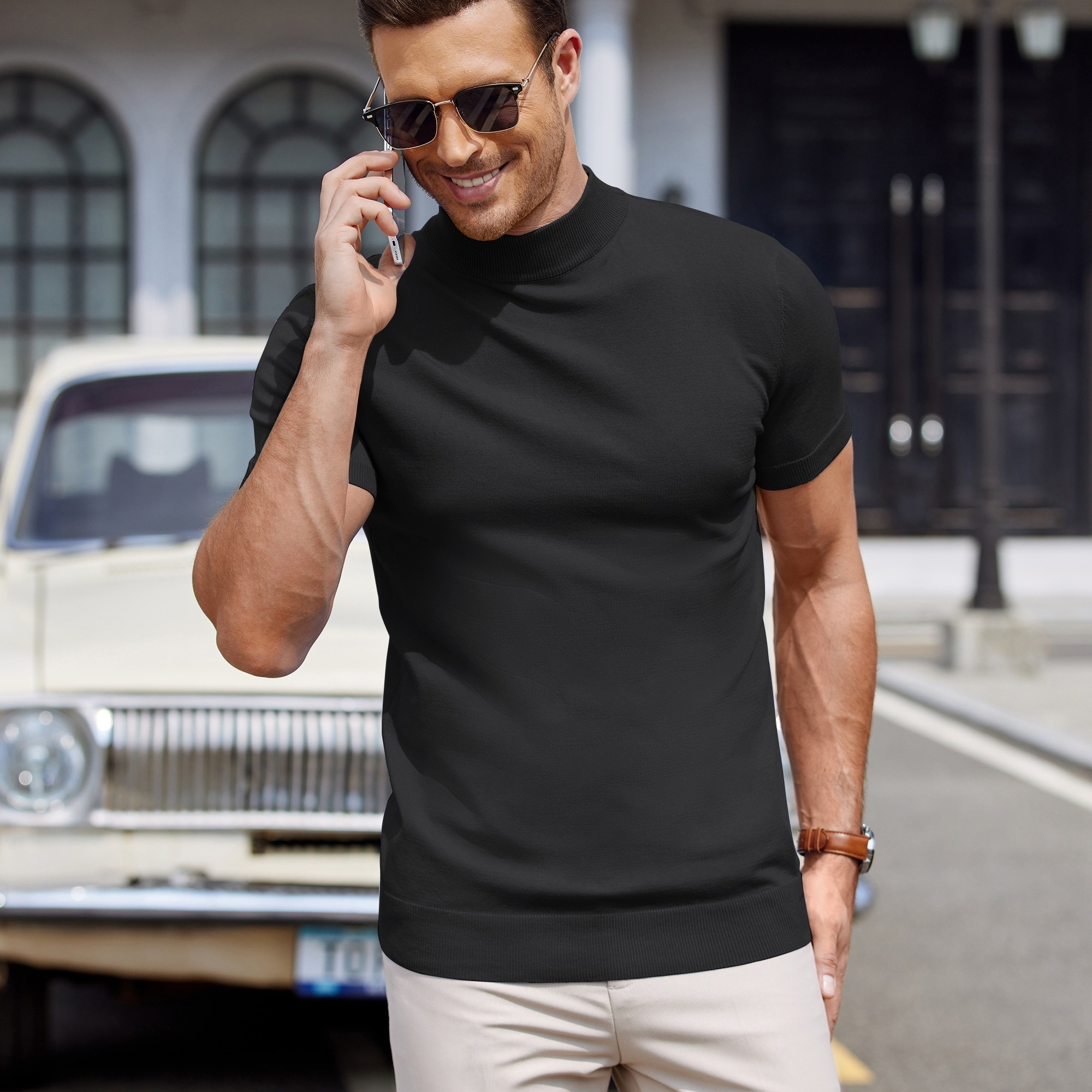 

Mens Turtleneck T-shirts Fit Knitted Tees