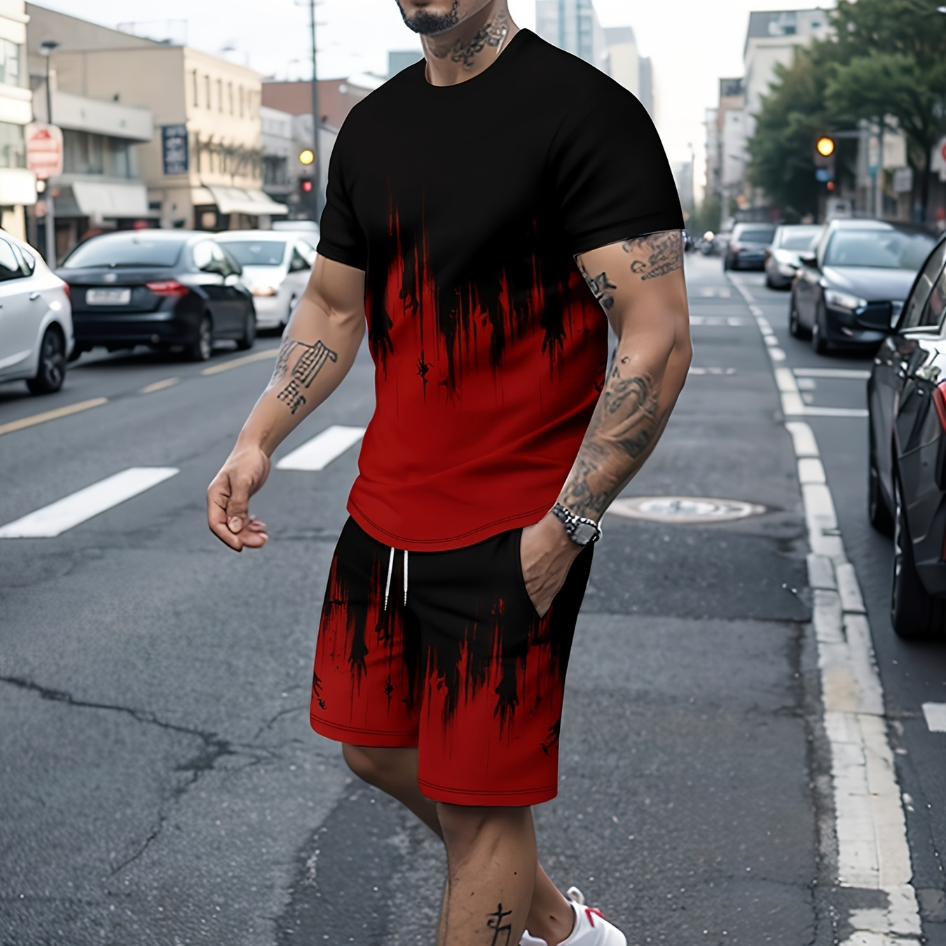 

3d Pattern Print, 2pcs Outfits For Men, Casual Crew Neck Short Sleeve T-shirt Tee And Drawstring Shorts Set For Summer, Men's Clothing Loungewear Vacation Workout