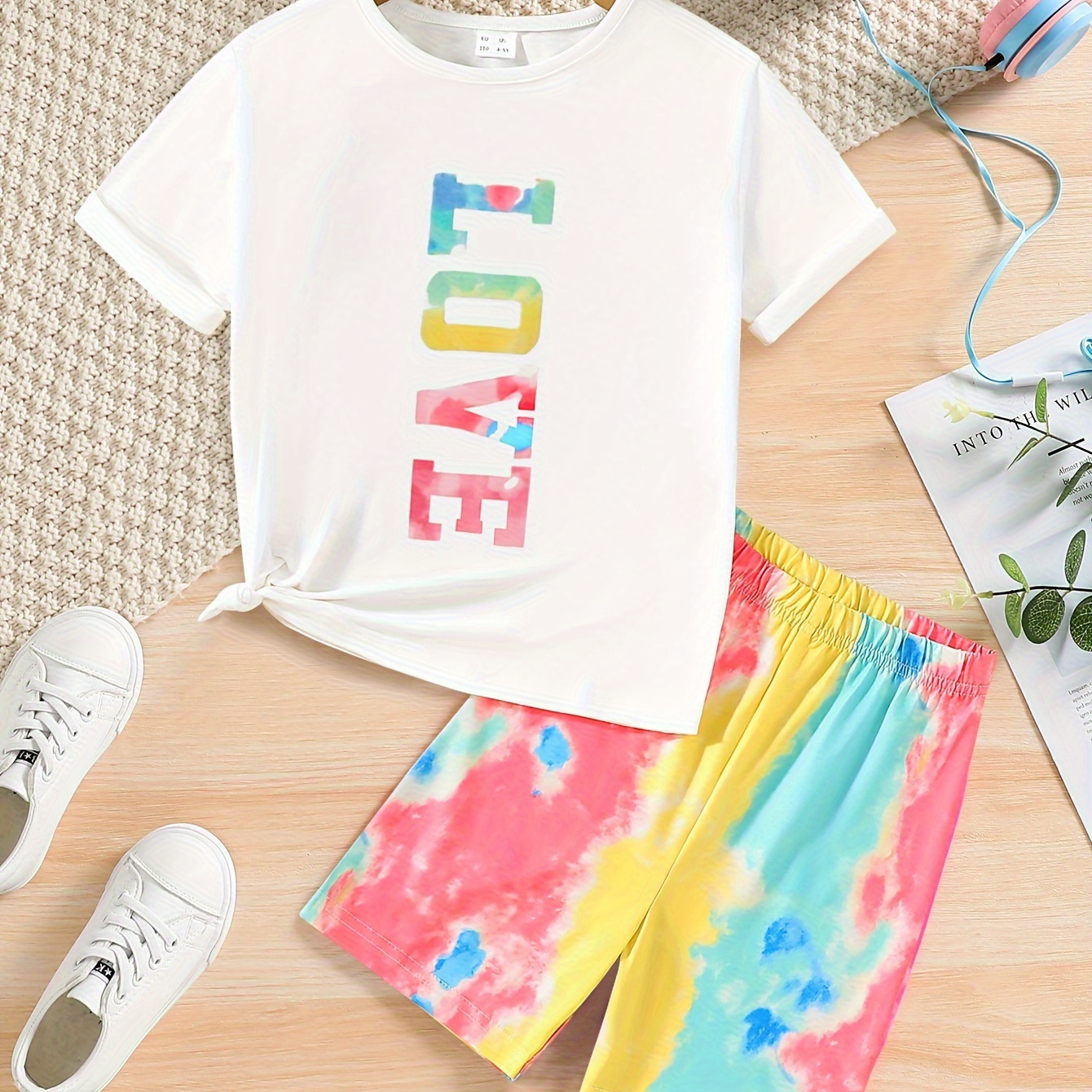 

2pcs Girls Letter "love" Graphic T-shirts Casual Round Neck Tees Top & Elastic Waist Tie Dye Shorts Set Kids Summer Clothes