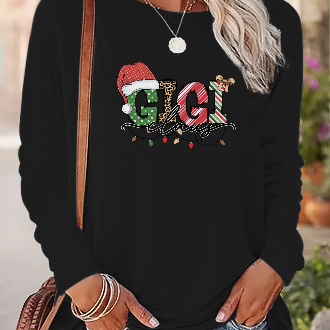 

Christmas Gigi Claus Print T-shirt, Casual Crew Neck Long Sleeve Top, Women's Clothing