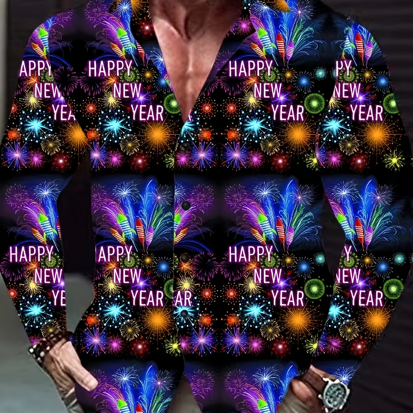 

Firework And Happy New Year Print Men's Chic Long Sleeve Button Up Shirt, Spring Fall, Gift For Men