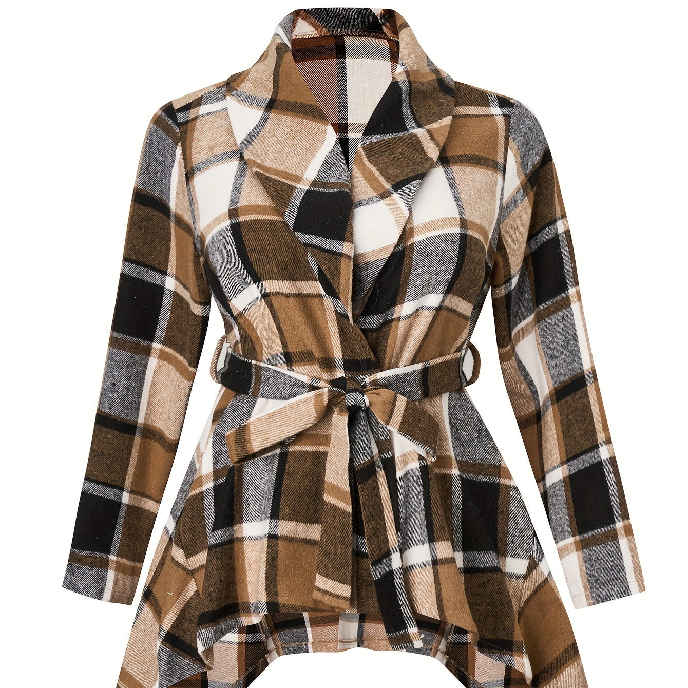 Plus Size Casual Coat, Women's Plus Plaid Print Long Sleeve Lapel Collar Asymmetric Hem Coat With Belt