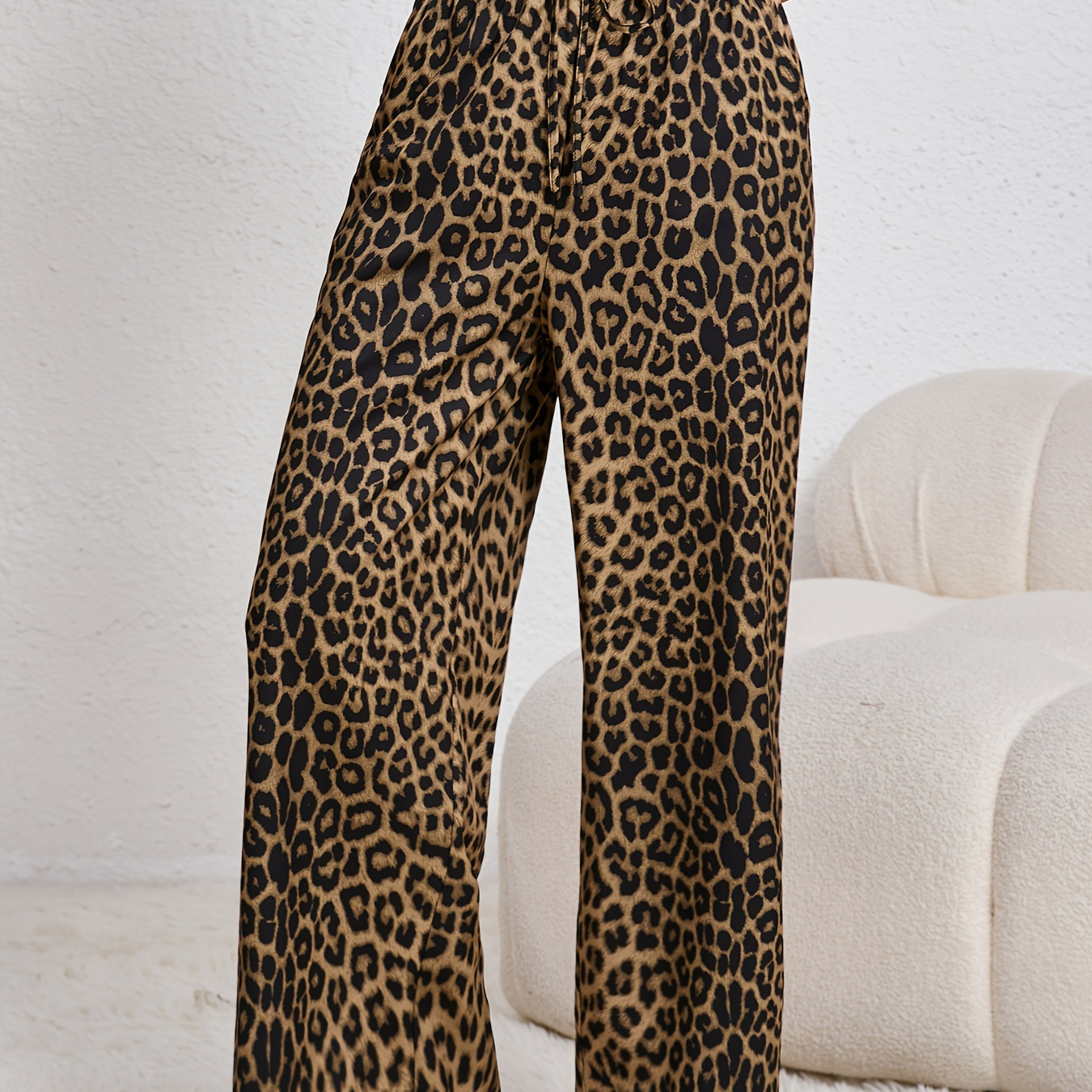 

Chic Leopard Print Wide-leg Pants For Women - Casual High-waisted, Straight Cut With Drawstring Detail, Lightweight Polyester, Spring/summer , Attire|trendy Casualwear| Pattern Pants