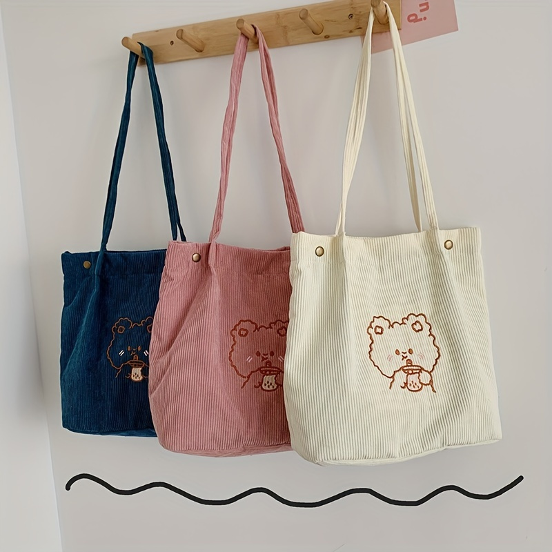 Women's Niche Japanese Canvas Tote Bag Cartoon Bear Patch Pattern Zipper  Closure Large Capacity Simple All-match Lunch Bag - AliExpress