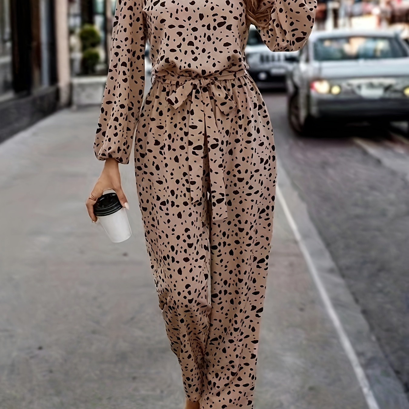 

Chic Dalmatian Print Long Sleeve Jumpsuit With Belt - V-neck, Button-up Front, Wide-leg Pants For Women | Ideal For Vacation, Machine Washable, Polyester