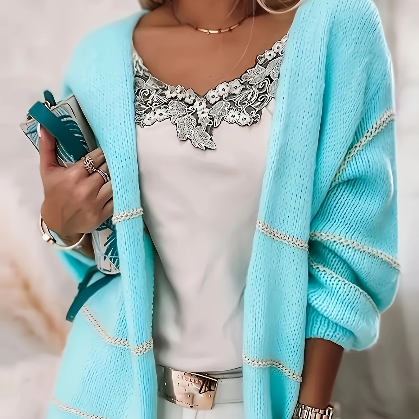 

Plus Size Color Block Knitted Cardigan, Casual Open Front Long Sleeve Cardigan For Fall & Winter, Women's Plus Size Clothing