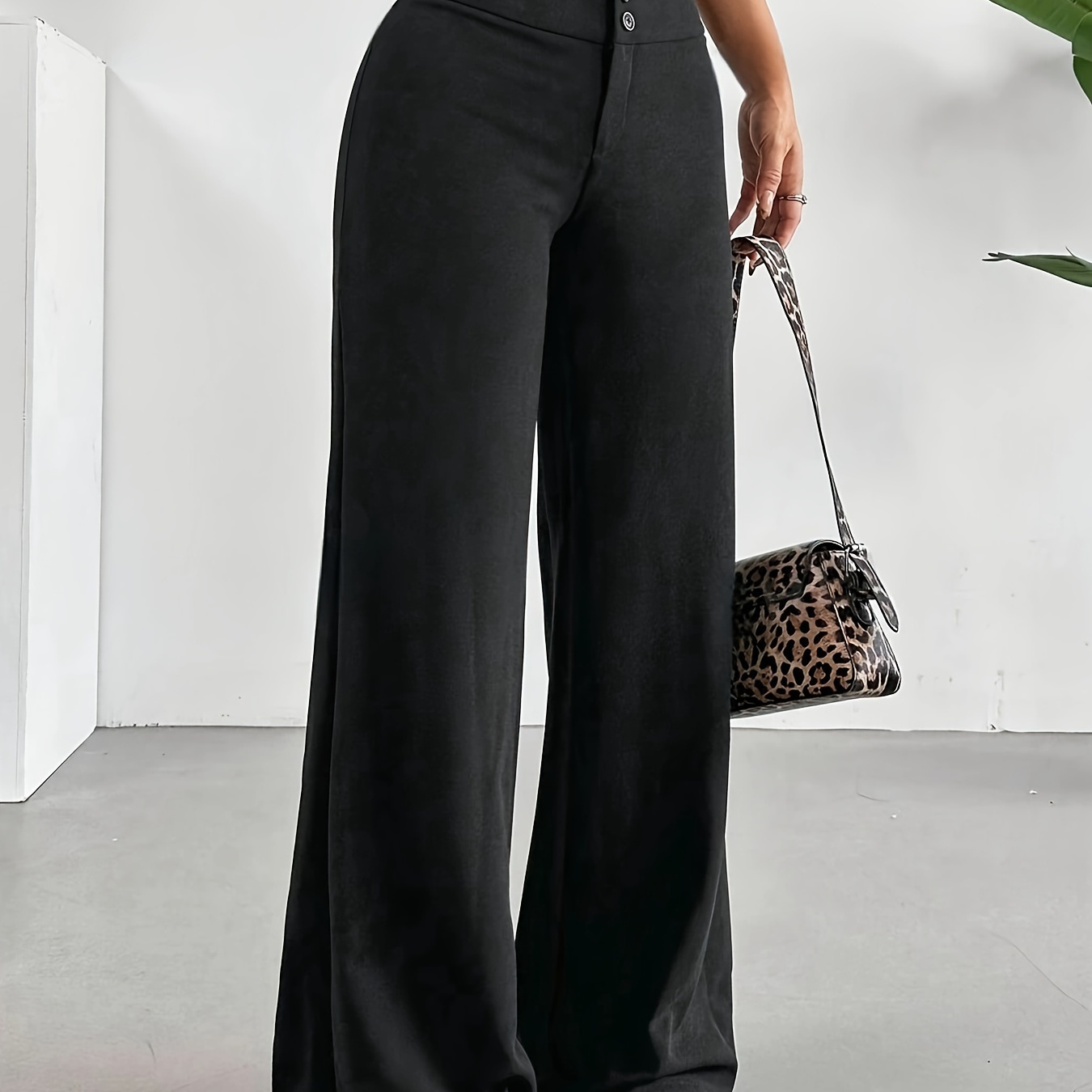 

Elegant High-waist Flare Pants For Women - Solid Color, Stretchy Polyester, Machine Washable