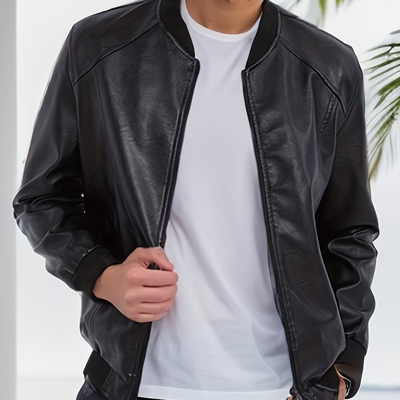 

Classic Design Pu Jacket, Men's Casual Solid Color Zip Up Lapel Fleece Faux Leather Jacket For Fall Winter