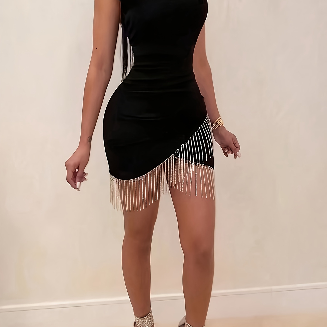 

Elegant Off-shoulder Tassel Mini Dress, Solid Color Bodycon Knit Fabric, 95% Polyester 5% Elastane, Sexy Party Dress For Women, All