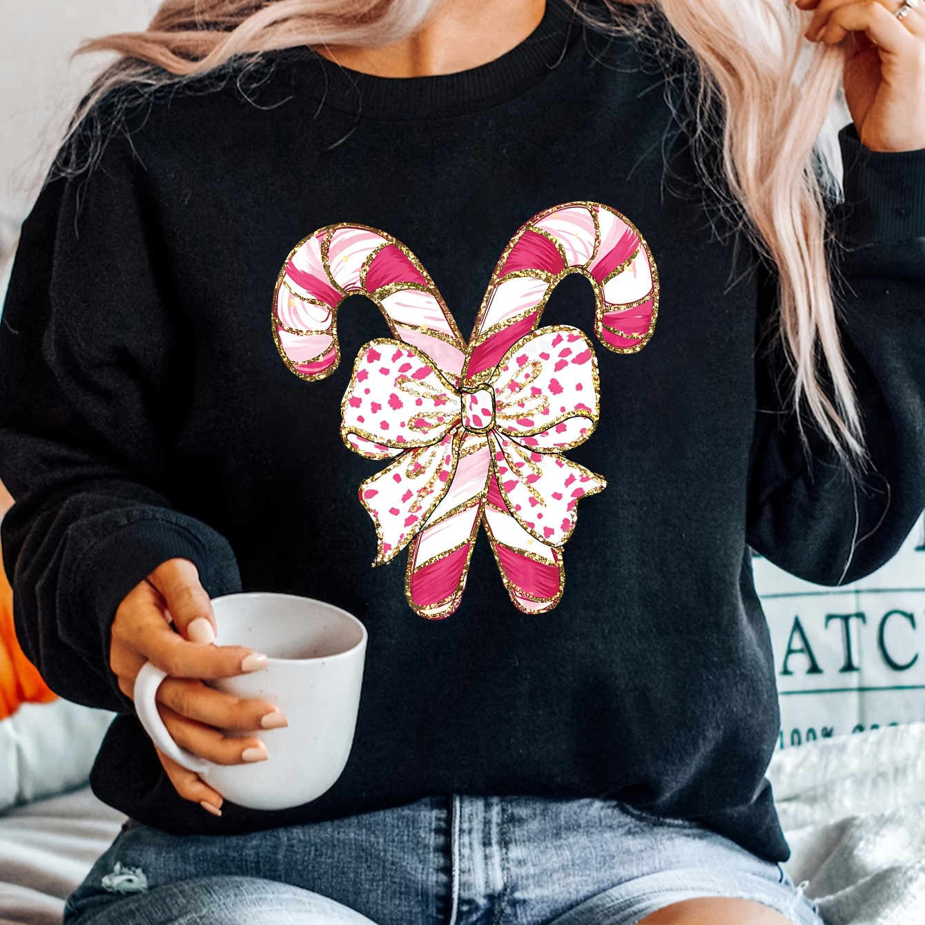 

Plus Size Christmas Sweatshirt - Long Sleeve, Round For Women - Polyester