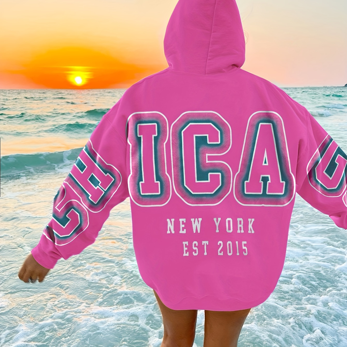 

Women' Hoodie With "icu" Print, Fluorescent Pink, Casual Long Sleeve Fleece-lined, Thickened Autumn/winter Sports Sweatshirt, Knit Fabric, Polyester 95%, Elastane 5%, , Pattern, 250g/m² - A3812-6