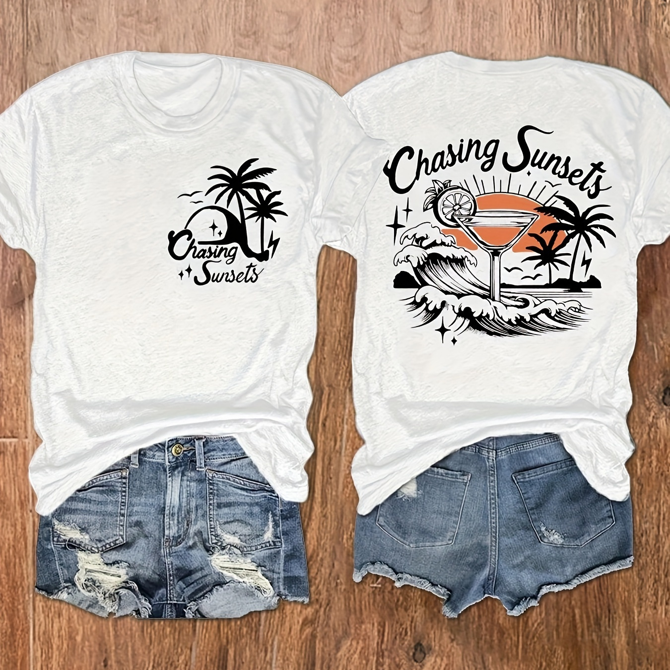 

Chasing Sunsets Print T-shirt, Short Sleeve Crew Neck Casual Top For Summer & Spring, Women's Clothing