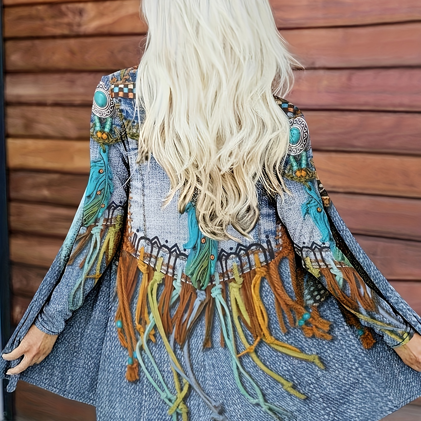 

Women's Casual Denim-look Print Cardigan - Vibrant Tassel Detail Long Sleeve Jacket, V-neck, Machine Washable, Polyester - All