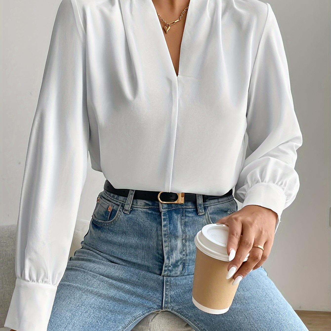 

Plain Color V-neck Simple Blouse, Elegant Long Sleeve Top For Spring & Fall, Women's Clothing